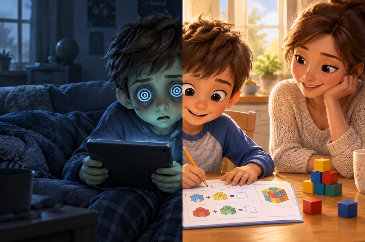 Lado esquerdo: menino com olhos de zumbi no tablet. Lado direito: o mesmo menino sorrindo enquanto resolve uma página de blocos com a mãe