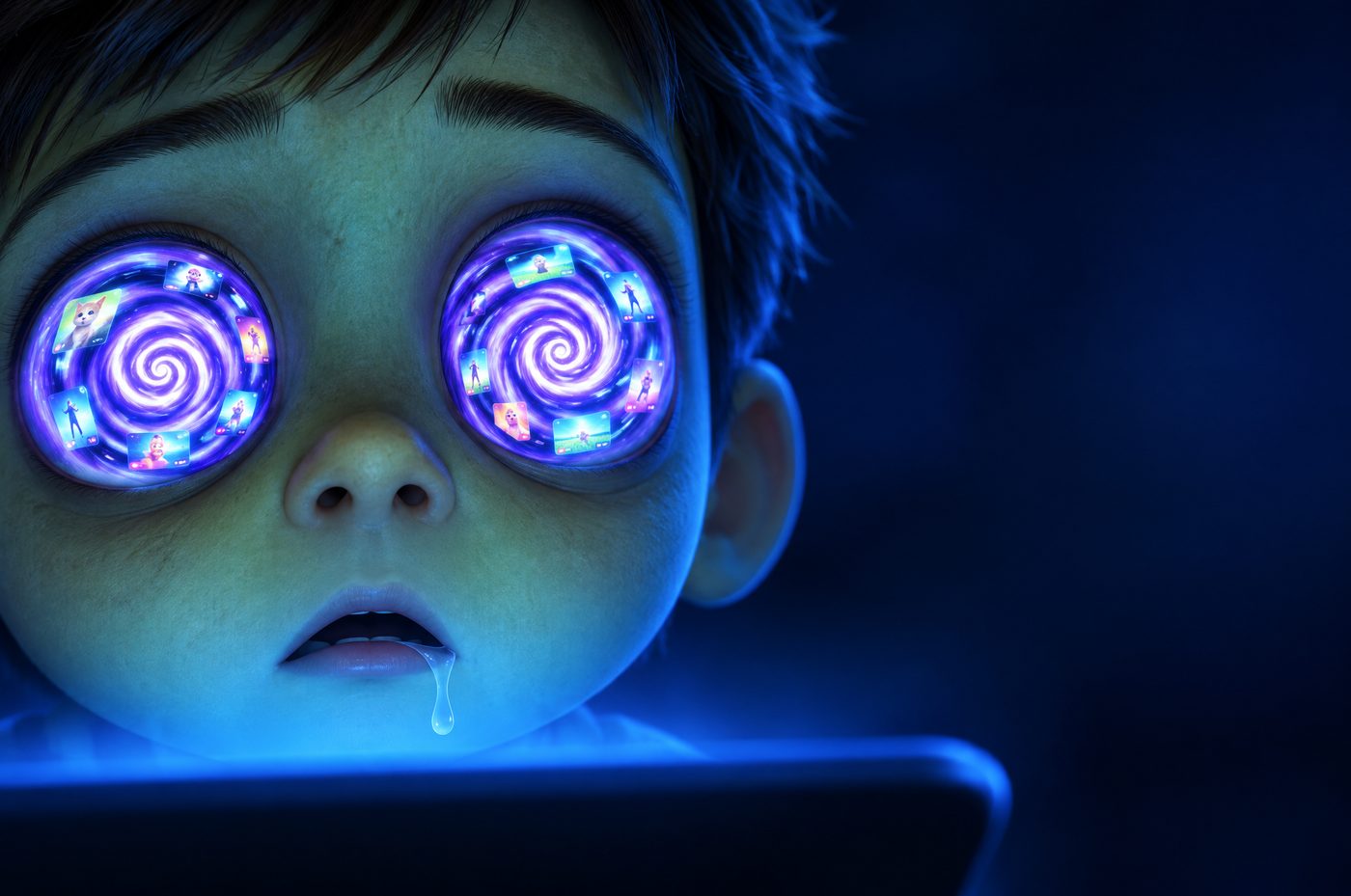 Rosto de criança com olhos em espiral roxa refletindo vários vídeos curtos